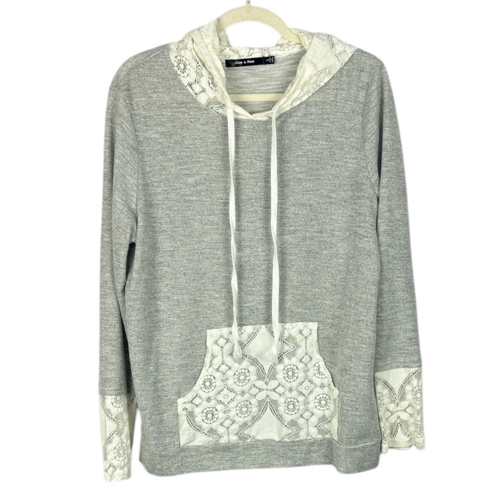 Doe & Rae Cotton Blend Gray Cream Lace Detailed Large Hoodie Pullover Sweatshirt